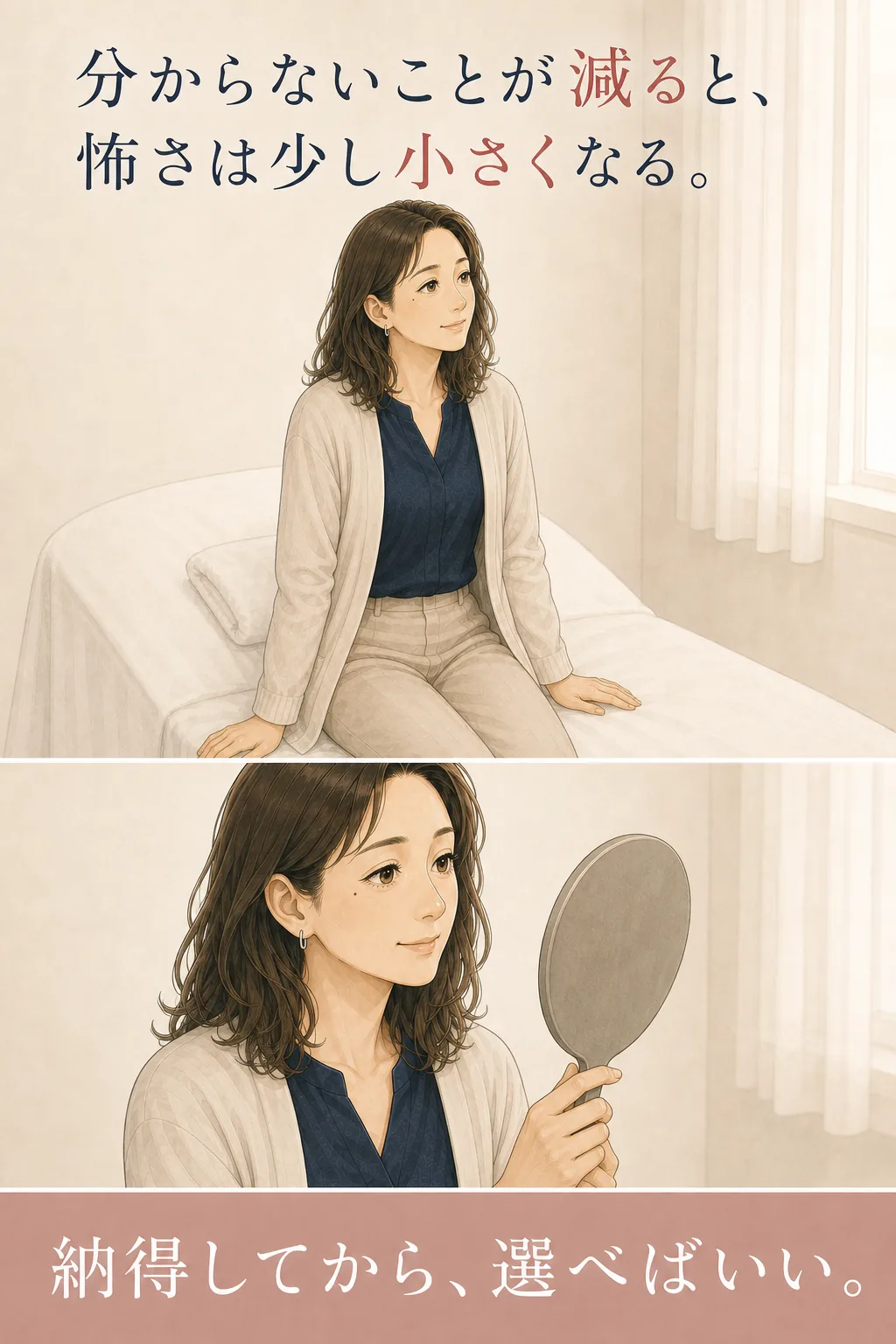 施術後に鏡を見ながら落ち着く女性