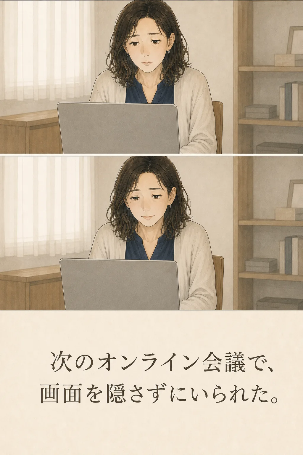 次のオンライン会議で画面を隠さずに参加する女性