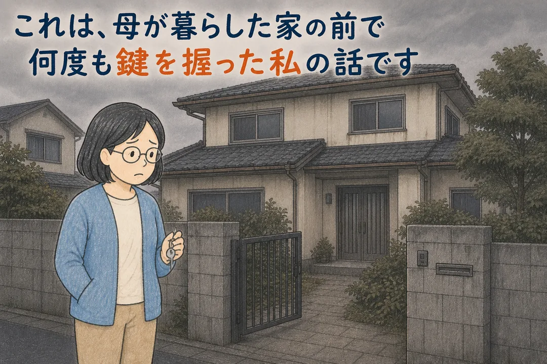 無人で消灯した少し古びた二階建ての実家の前に立つ女性