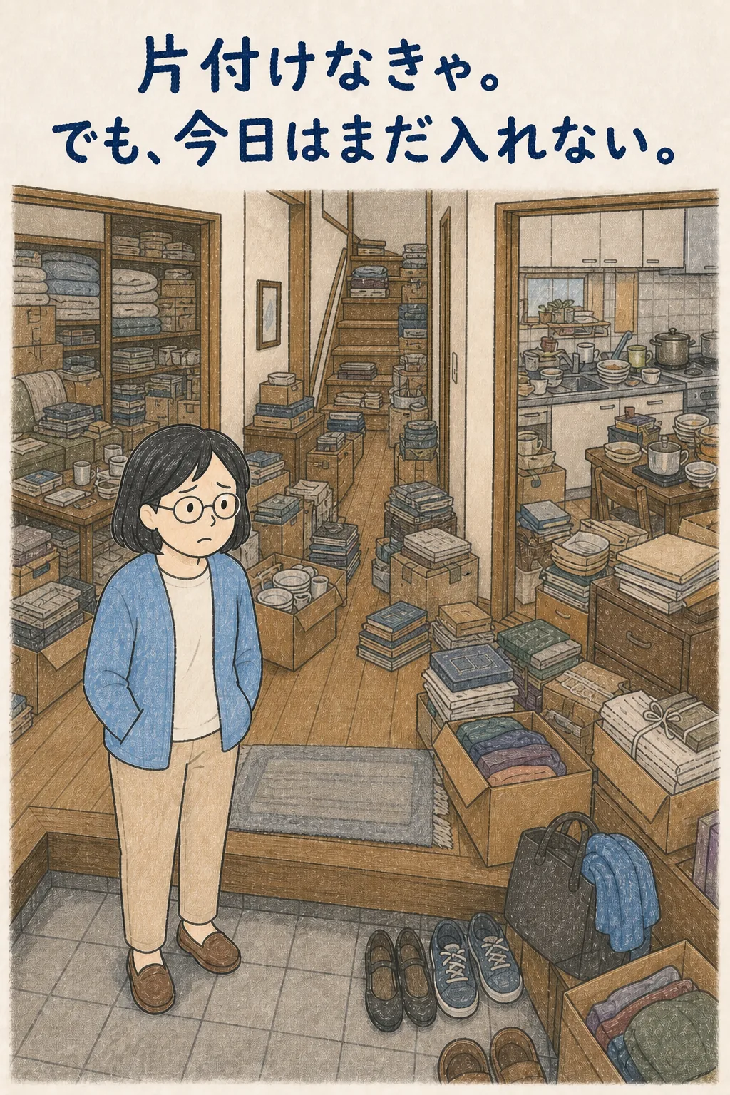 物であふれた実家の玄関で足が止まる女性