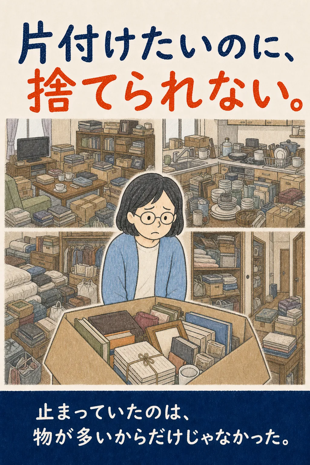 家全体の荷物を前に捨てられず悩む女性