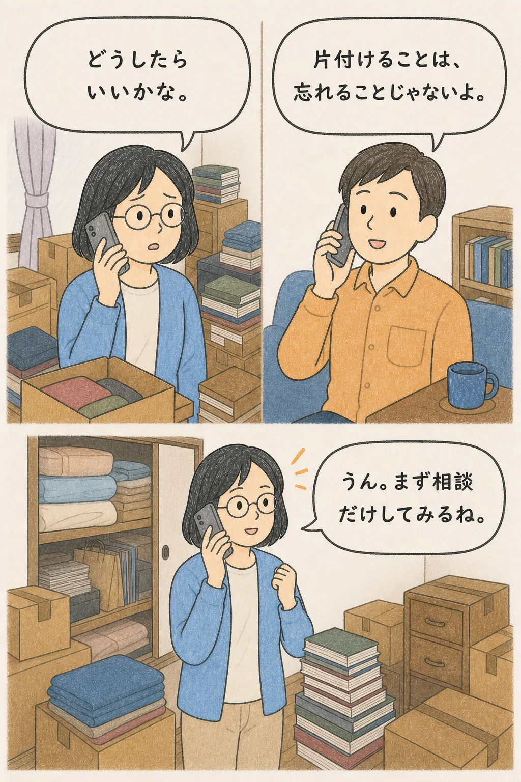 弟にどうしたらよいか話し自分で業者へ相談すると決める女性