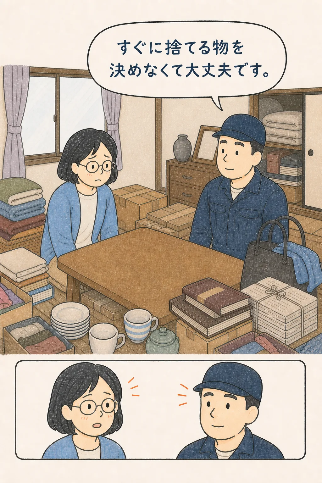 荷物が残る実家で作業帽の担当者へ初めて相談する女性