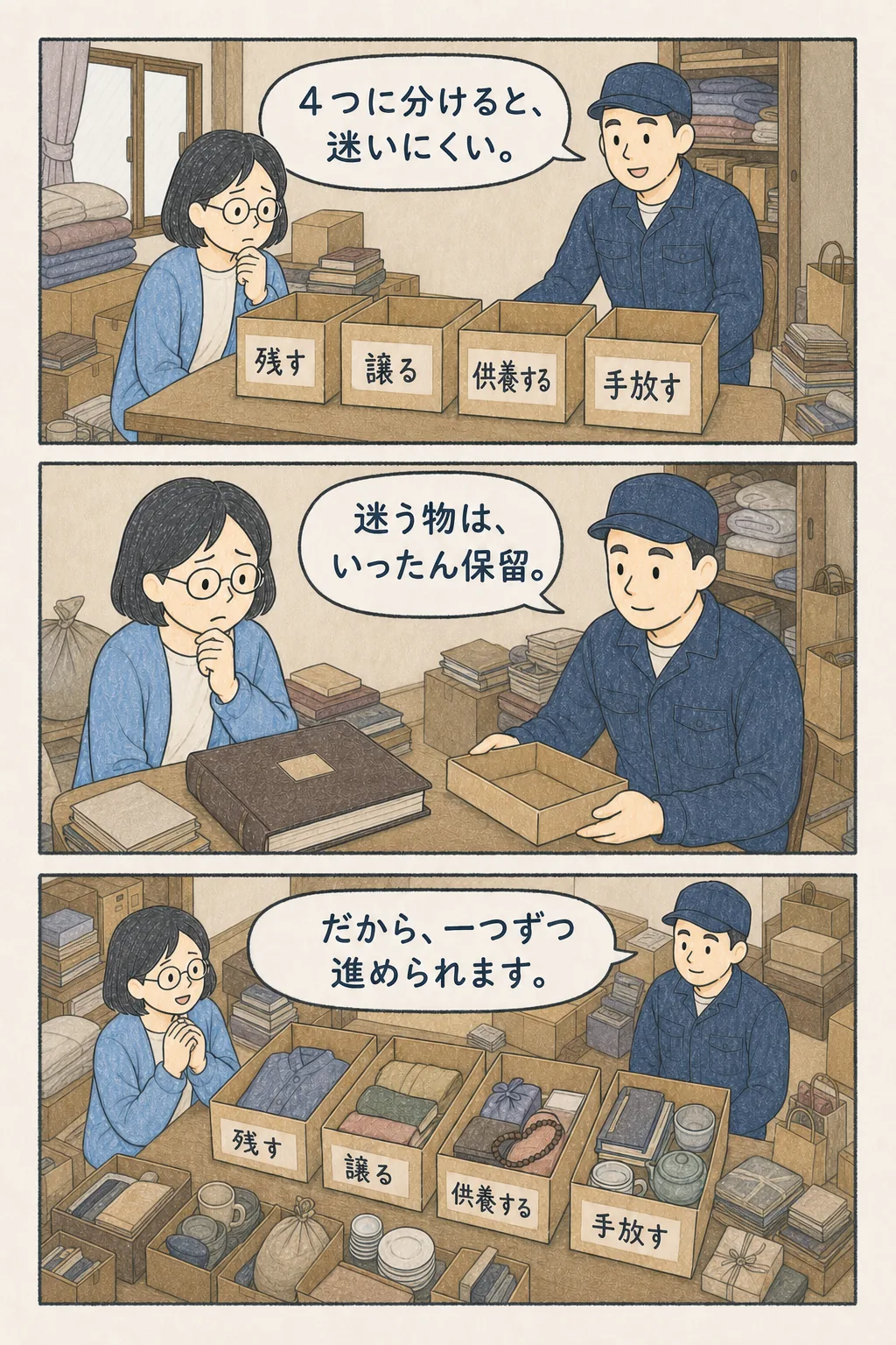 作業帽の担当者と四つの分類箱で一つずつ仕分ける女性
