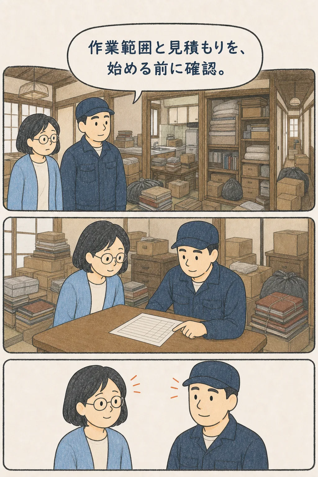 荷物が残る家全体の作業範囲と見積もりを作業帽の担当者と確認する女性