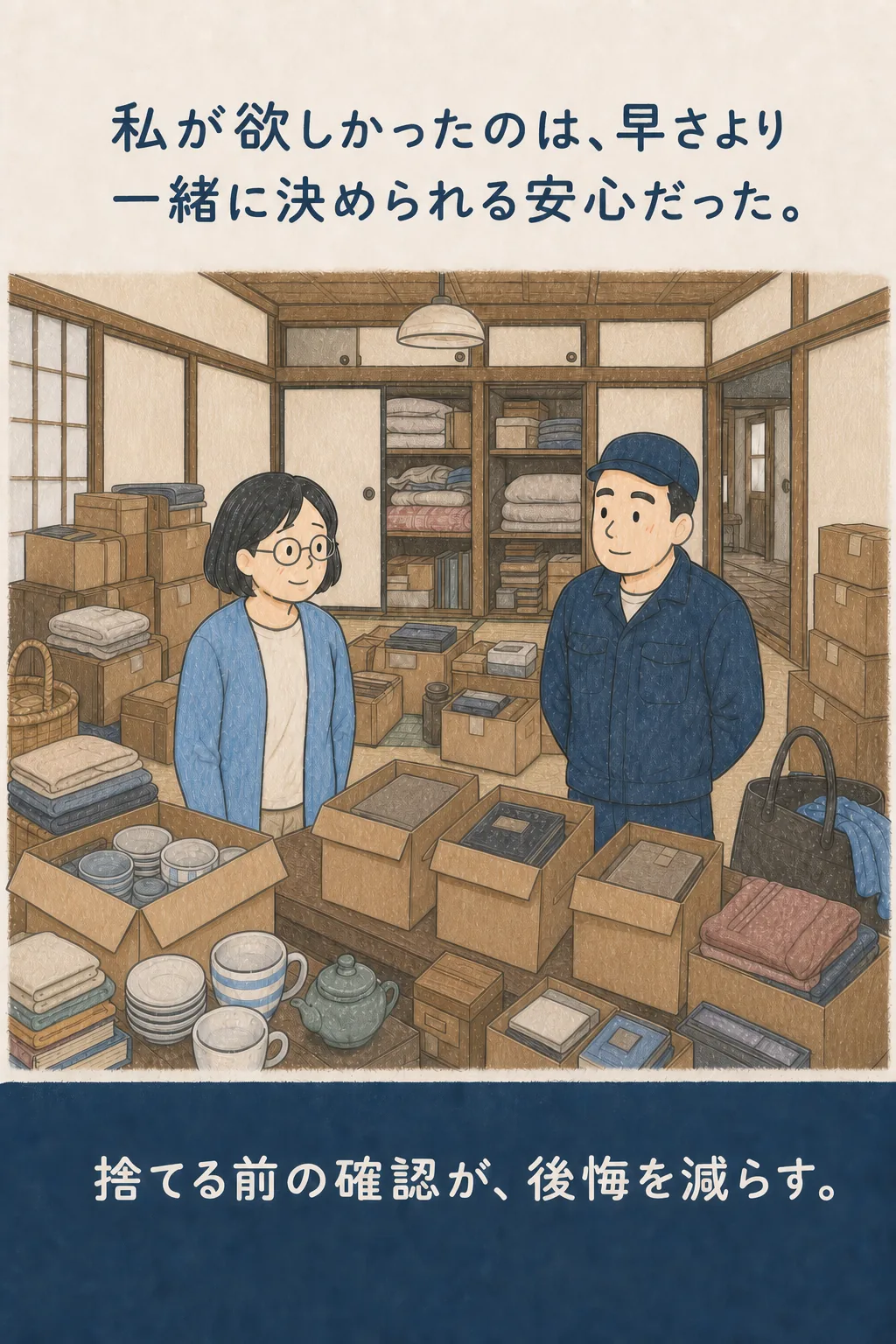 荷物を仕分けながら作業帽の担当者と一緒に決められる安心を感じる女性