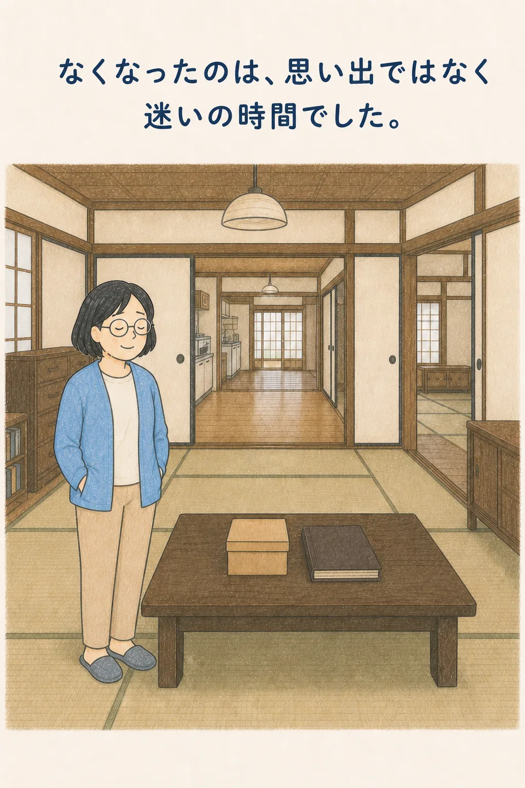 家全体が片付き室内スリッパで思い出の品だけを見守る女性