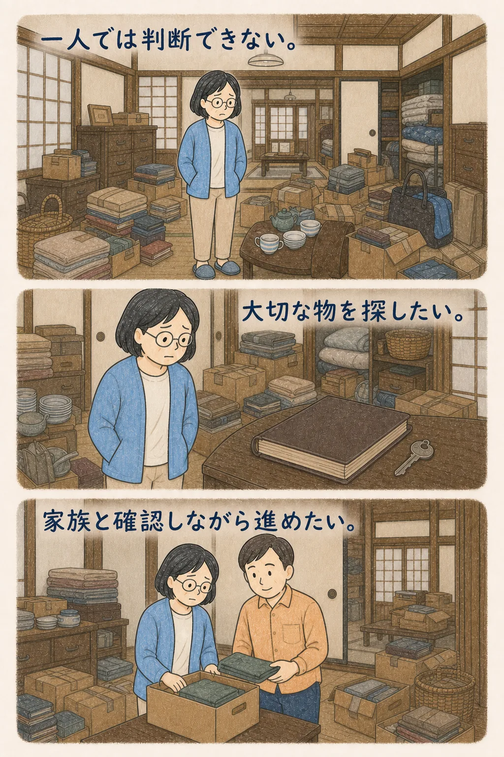 荷物が詰まった押入れの前で一人で判断できない人や家族と進めたい人への案内