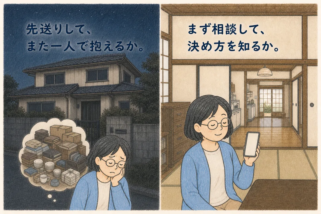 消灯した少し古びた二階建ての実家で先送りする未来と相談を始める未来の対比