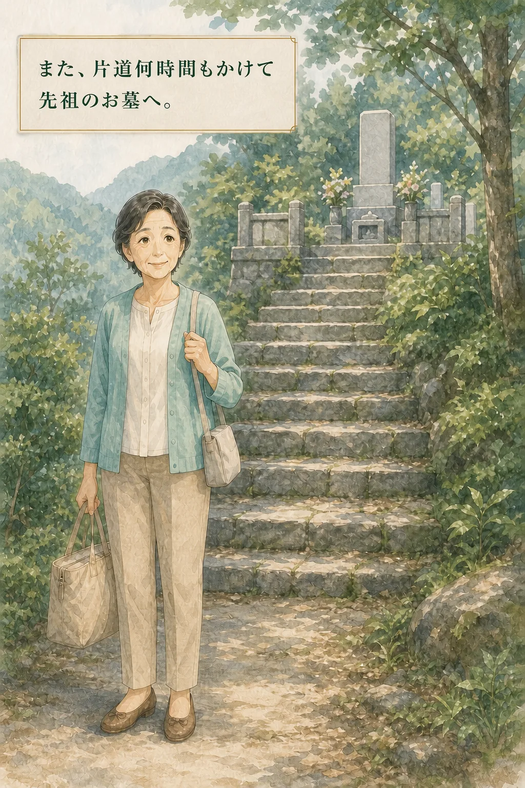 遠方の先祖のお墓へ向かう母