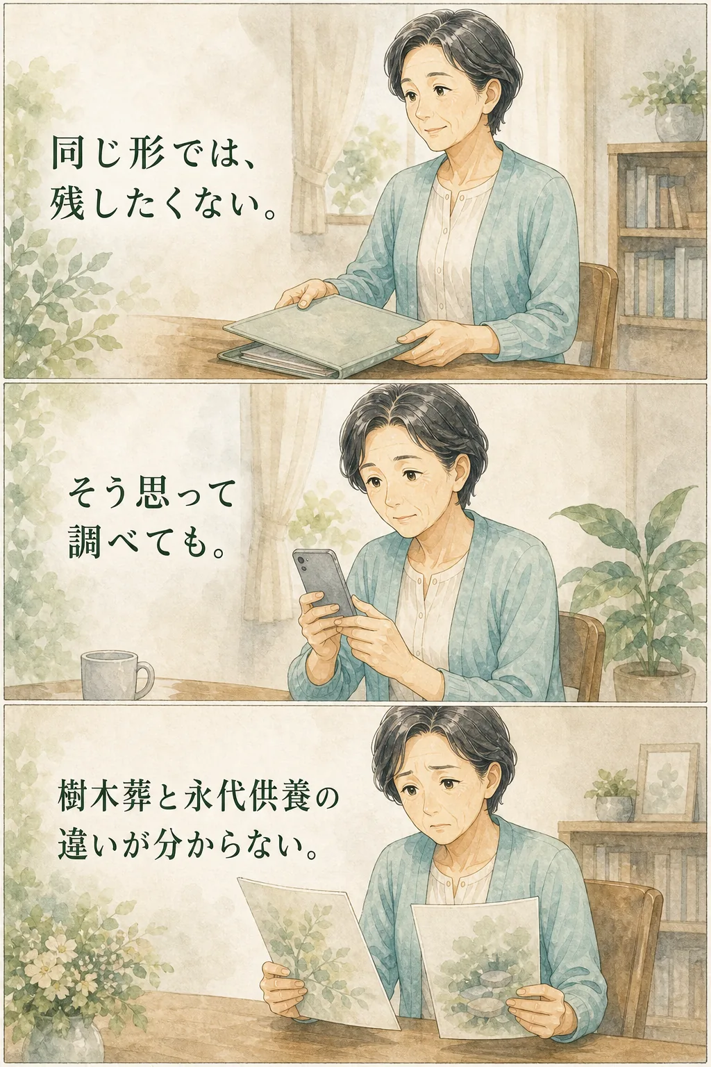 樹木葬と永代供養の違いを調べる母