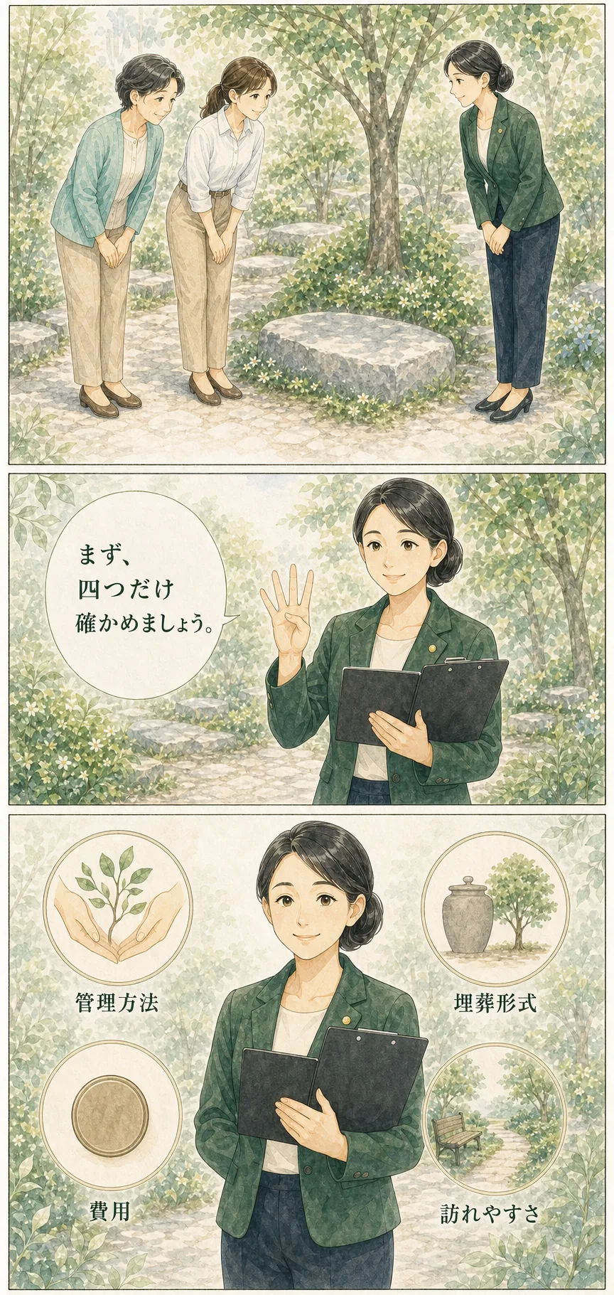 案内役から確認すべき四項目を教わる母と娘