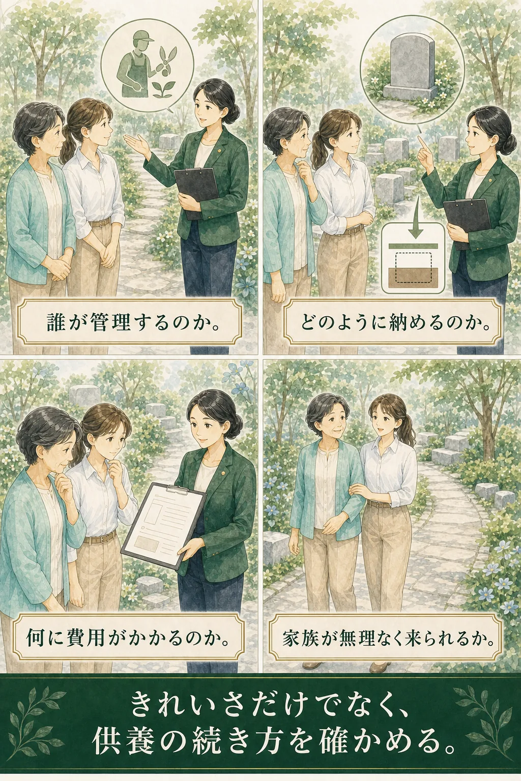 管理・埋葬・費用・訪れやすさを確かめる四場面