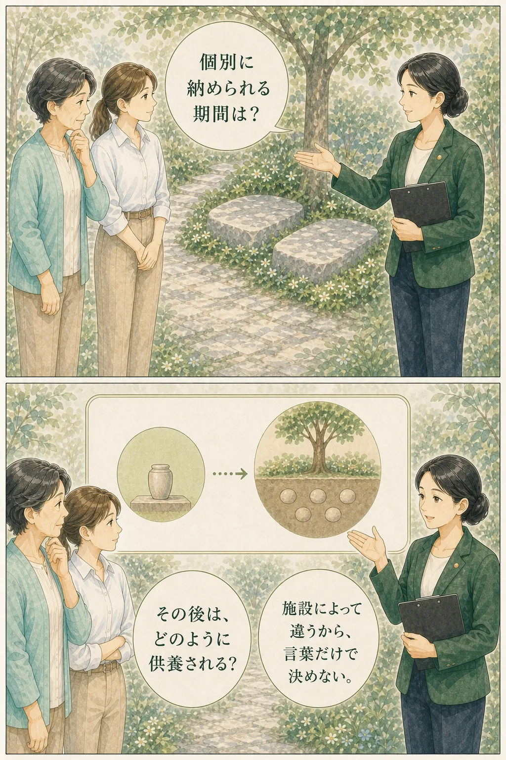 個別の期間とその後の供養方法を確かめる場面