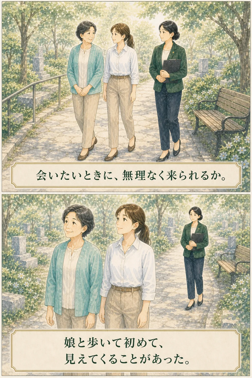 家族が無理なく訪れられる道を実際に歩く場面