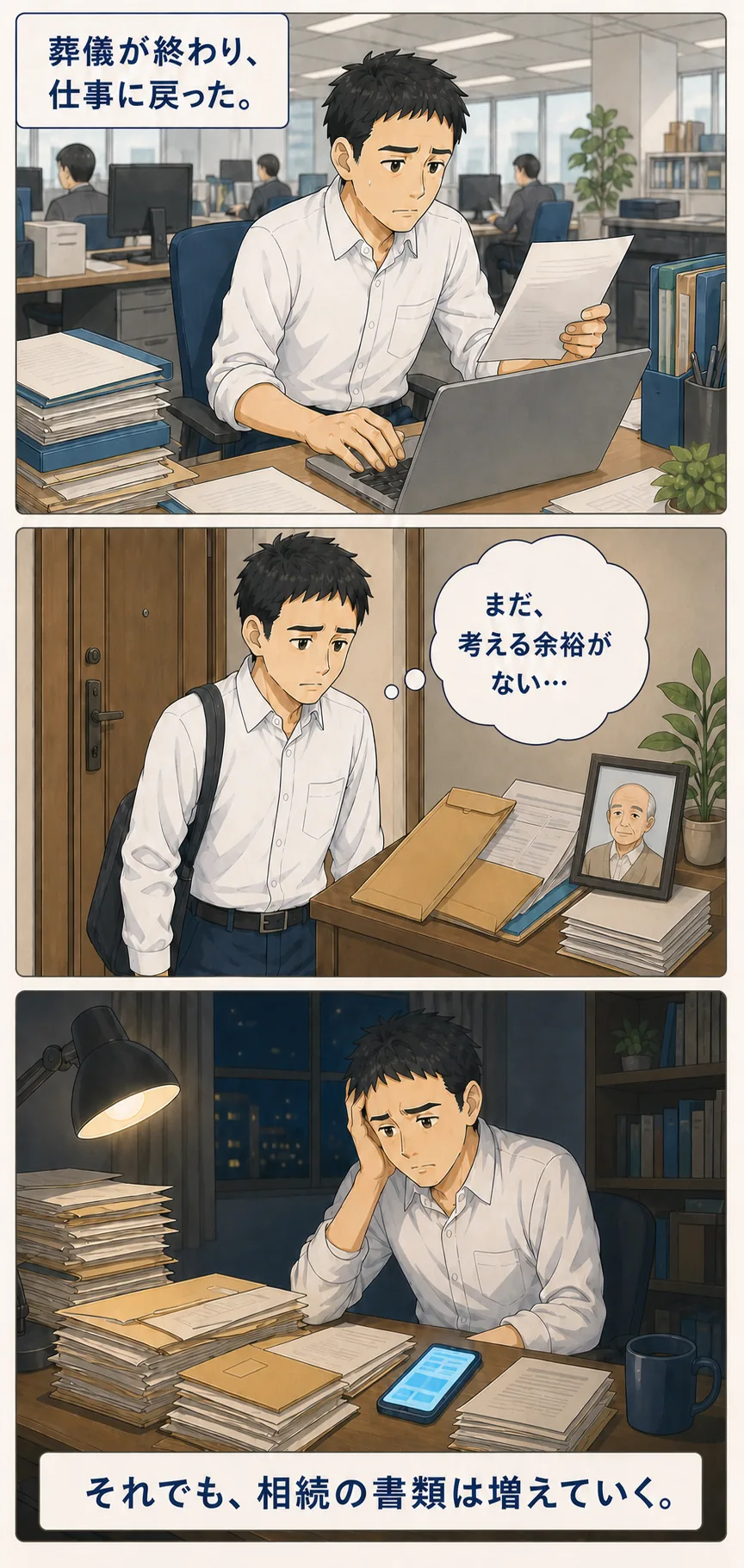 葬儀後に仕事へ戻り自宅の相続書類に直面する主人公
