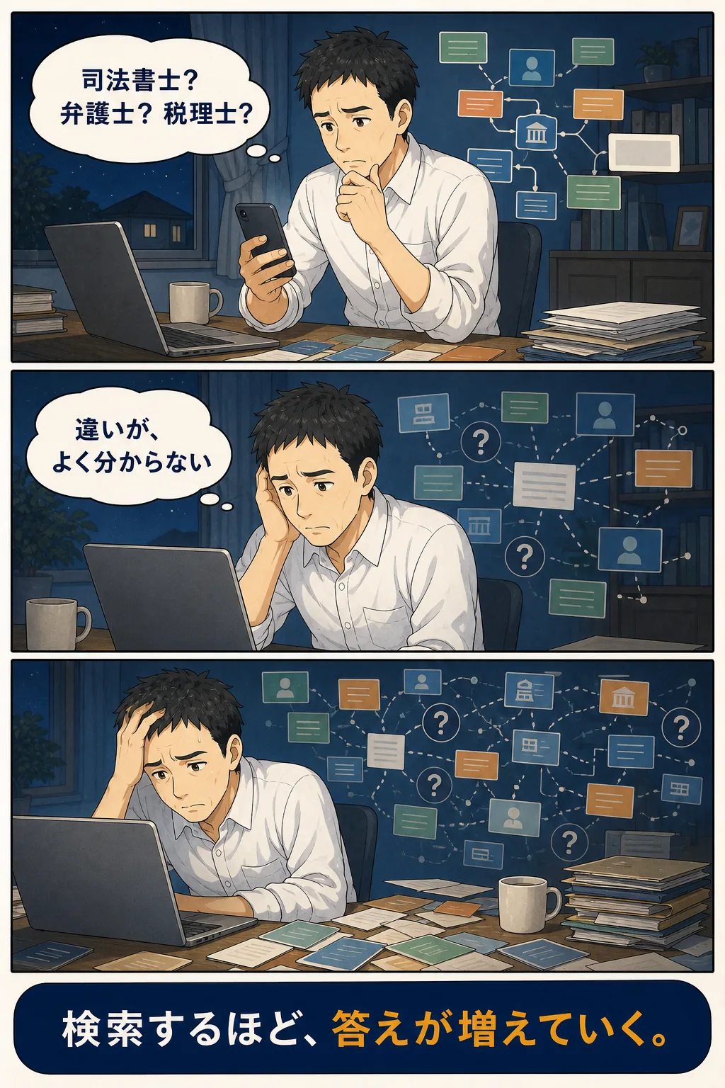 夜に専門家の違いを検索して疲れる主人公
