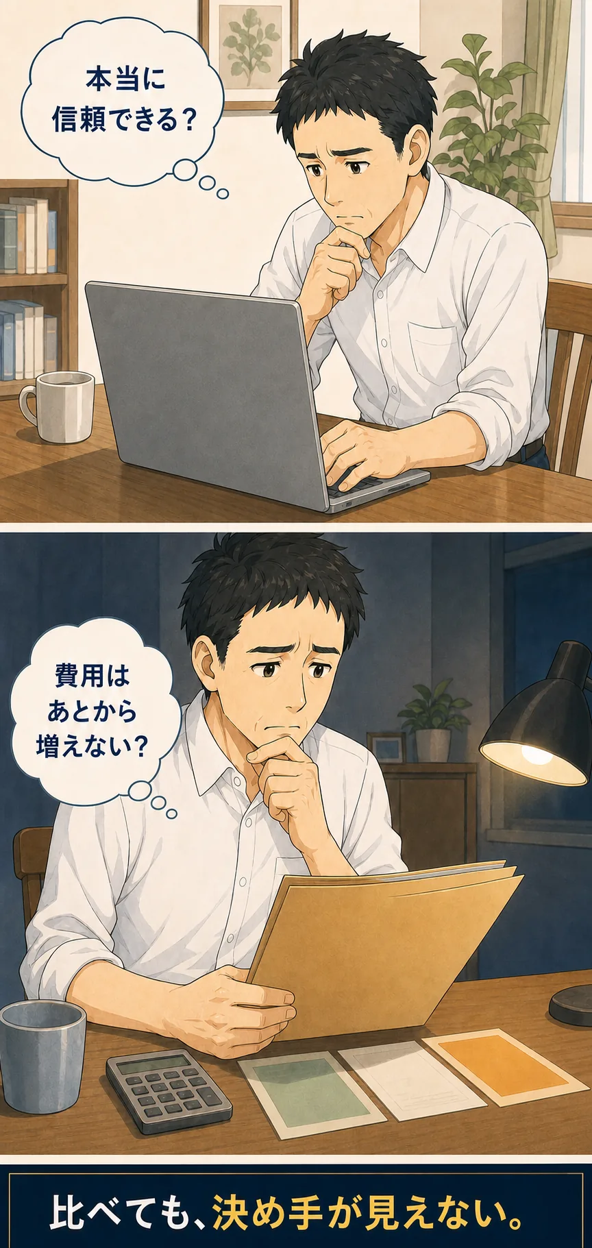 専門家への信頼と費用を不安に思う主人公