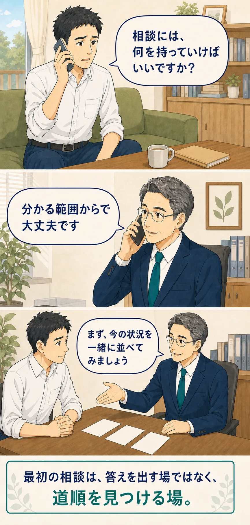 来所前の電話確認から司法書士との初回相談へ進む場面
