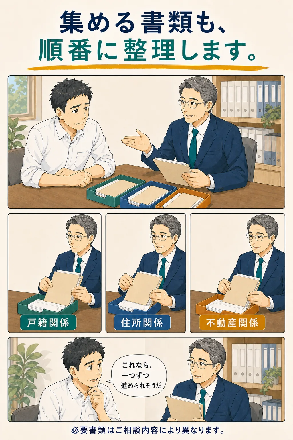 戸籍と住所と不動産の書類を順番に整理する場面